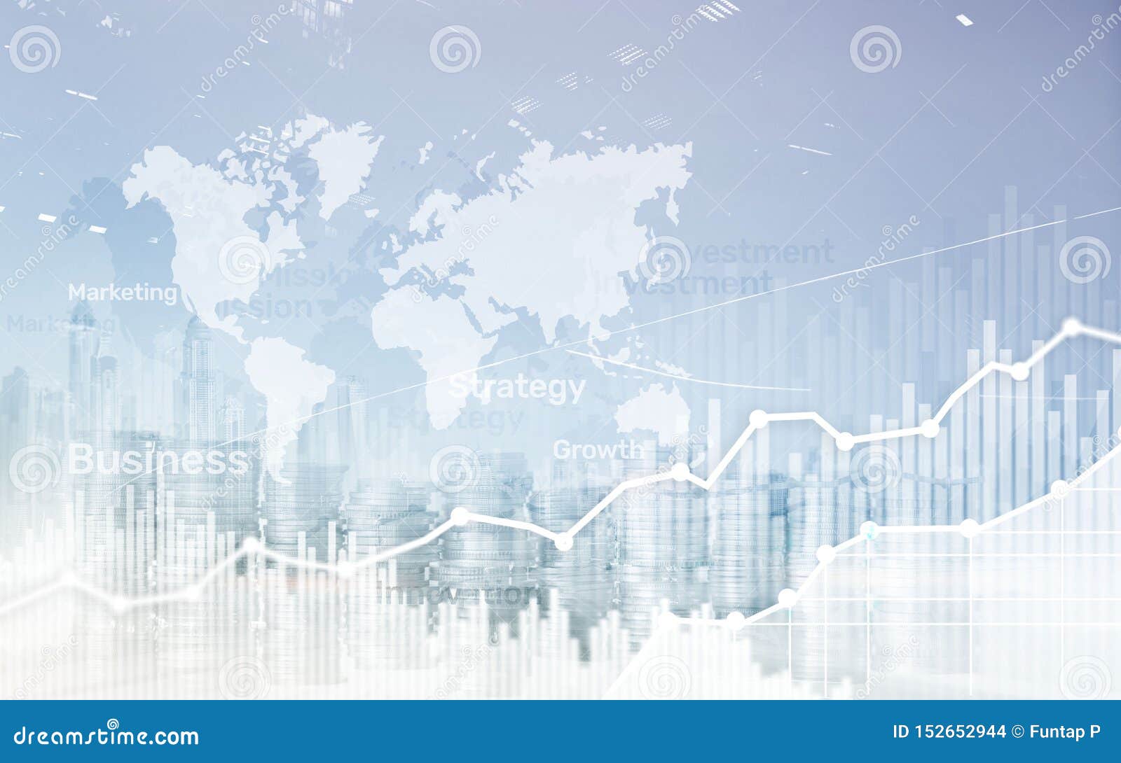 world wide map on abstractÃÂ business background, coins and calculator double exposure graph, chart and diagram